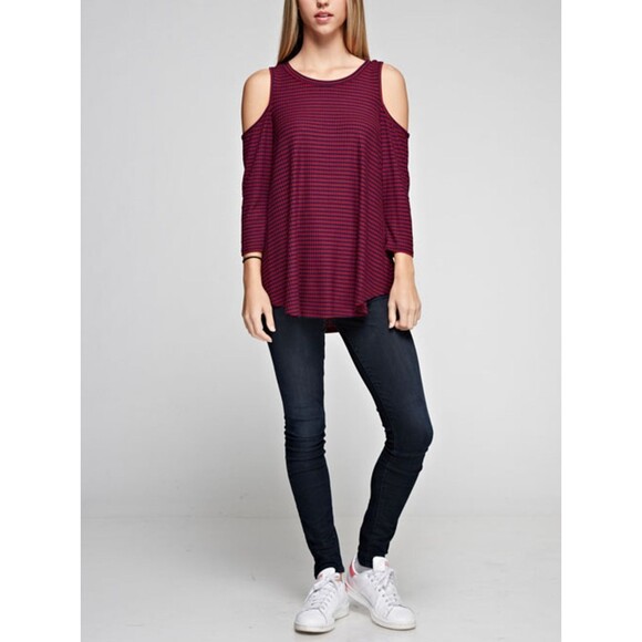 VIAMOR Tops - Women’s Magenta Navy Striped Cold Shoulder Top Long Sleeve Size M